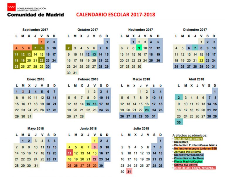 Calendario de la Comunidad de Madrid del inicio de curso escolar y fiestas
