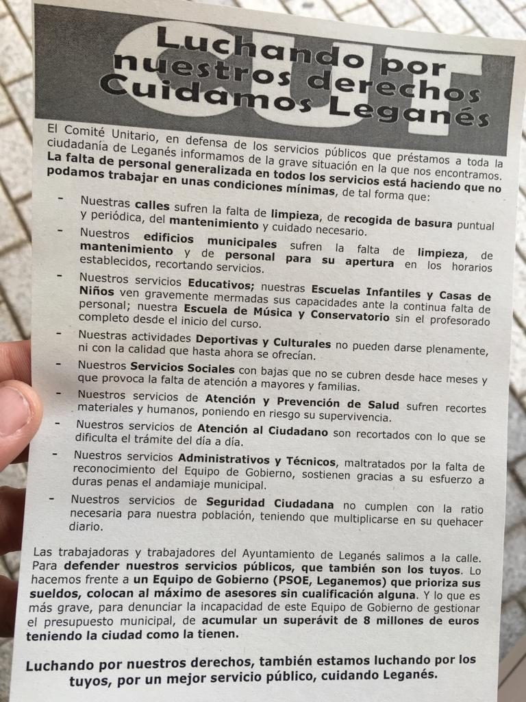 Los trabajadores municipales amenazan con acciones judiciales contra el Ayuntamiento de Leganés