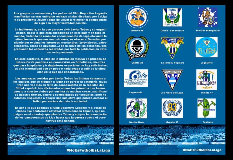 Las peñas del CD Leganés critican duramente el plan de Tebas para la vuelta de la Liga