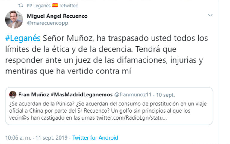 Fran Muñoz (Leganemos) condenado al pago de 2.000€ a Recuenco (PP)